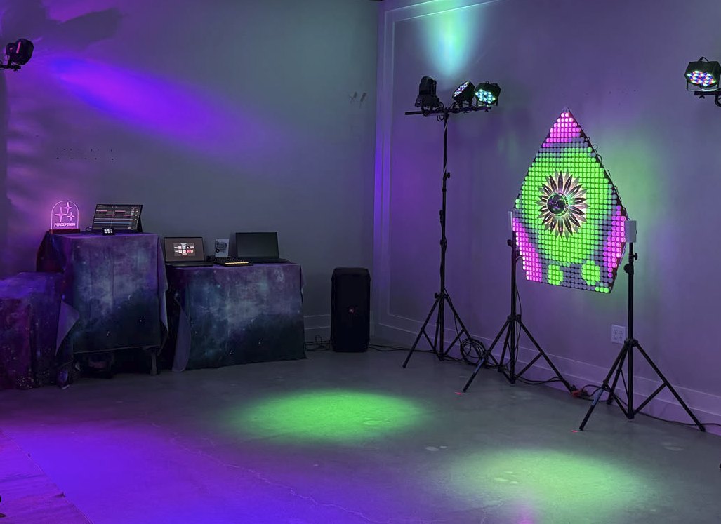 Perceptron at SeaCompression 2025: the Ambisphere LED panel lit up behind the dance floor