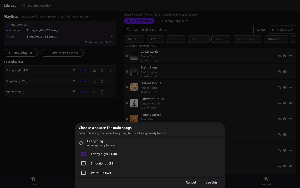A sheet titled Choose a source for main songs over the Library screen, with Everything, three playlists with tick boxes, and the Cancel and Use this buttons.