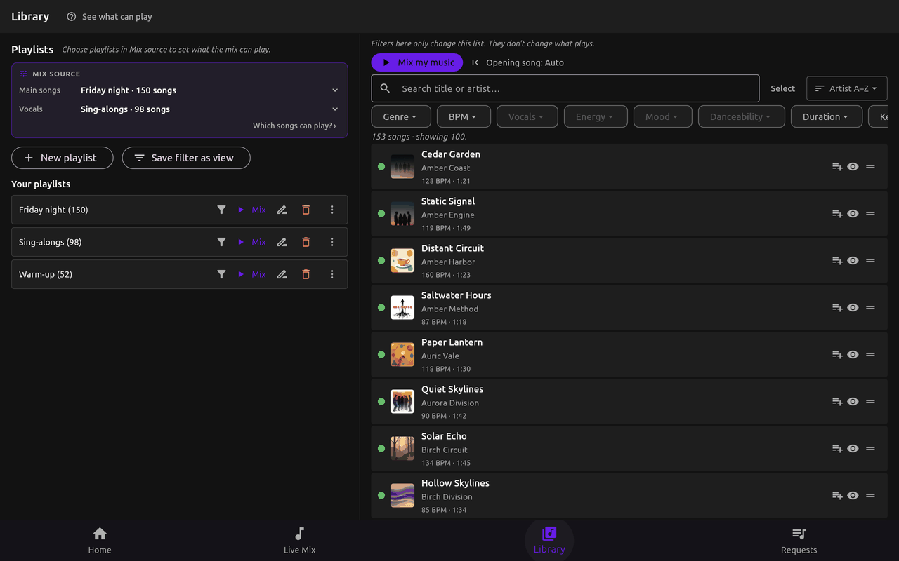 The Library screen with Mix source and three playlists on the left, and a search box, filter chips and a list of songs on the right.