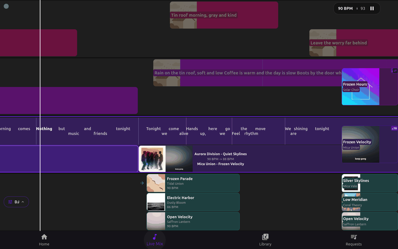 The Live Mix screen with pink Line vocals at the top, purple Section vocals in the middle, violet Main songs below them, teal cards at the bottom and a white line near the left edge.