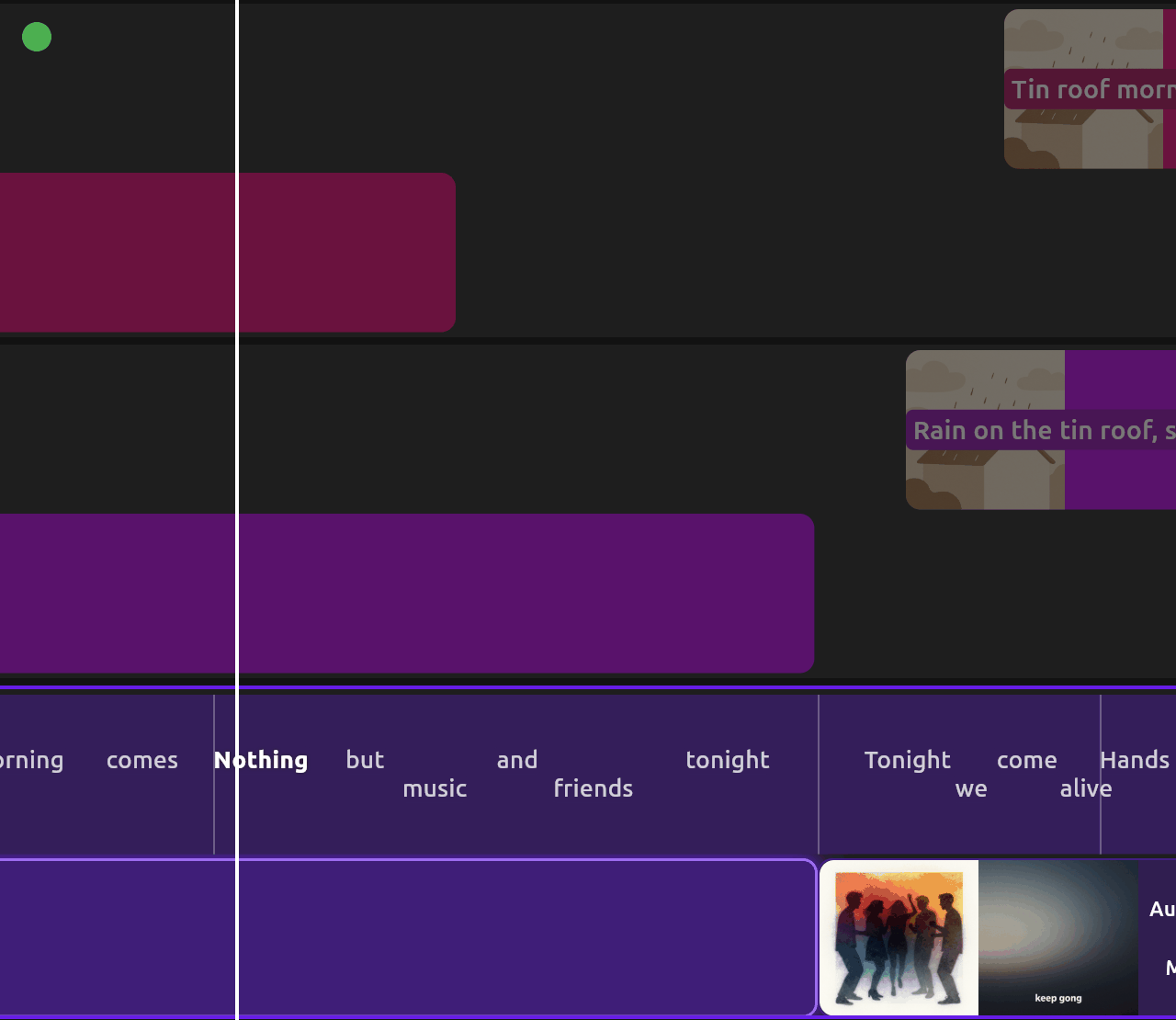 A close-up of the Live Mix lanes, with pink and purple blocks in a top and a bottom row, and the Main songs lane below with the song's words above the song.