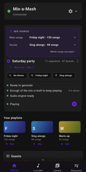 Home on a phone, with the Mix source card, a mix called Saturday party and the playlist tiles.