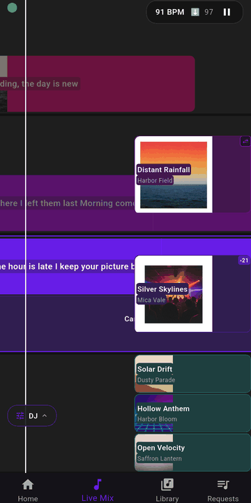 Live Mix on a phone, with the same three lanes, white line, tempo pill and DJ button, and the right column over the right edge.