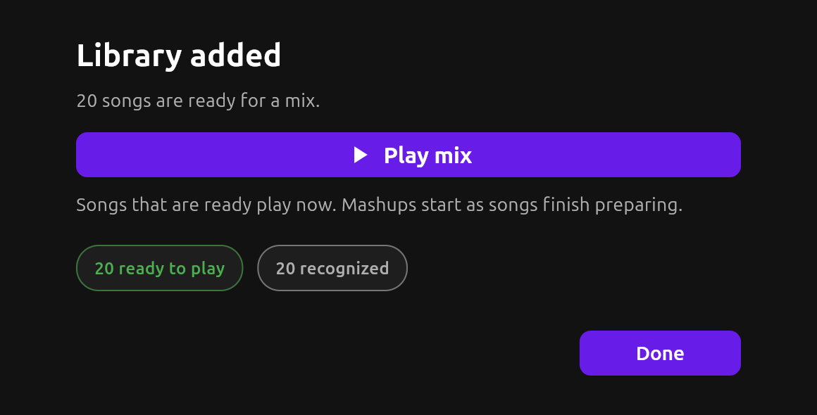 The Library added screen: 20 songs are ready for a mix, with a purple Play mix button above a Done button.
