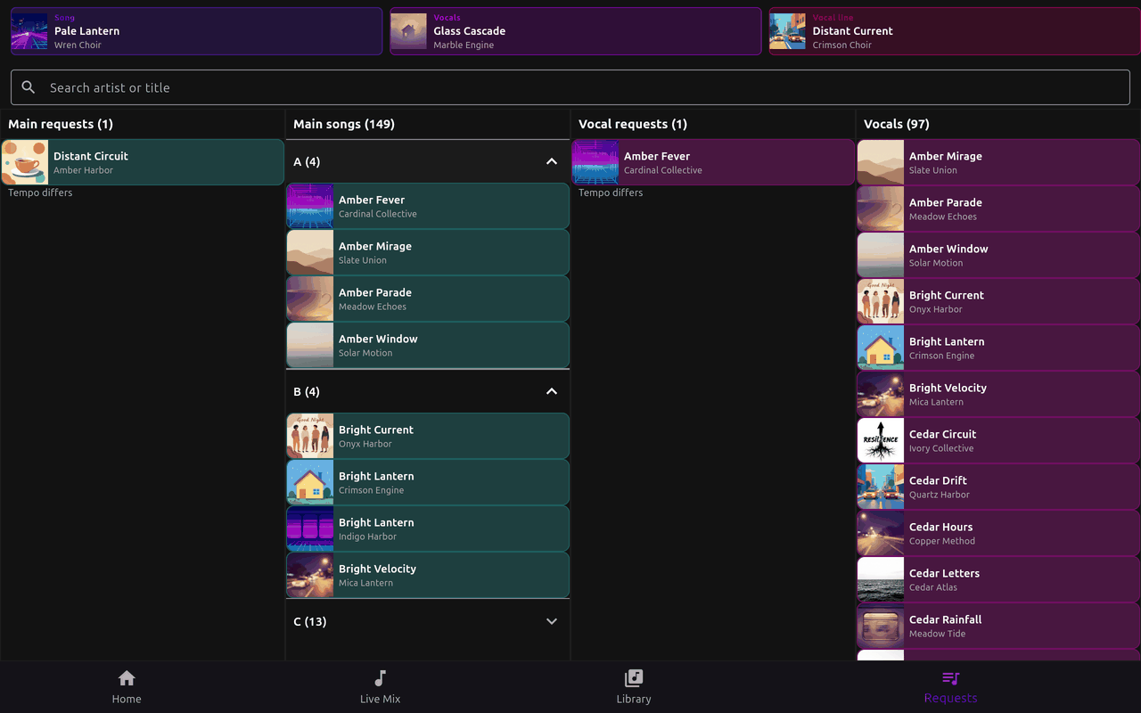 The Requests screen with three cards across the top, a search box and four columns of songs named Main requests, Main songs, Vocal requests and Vocals.