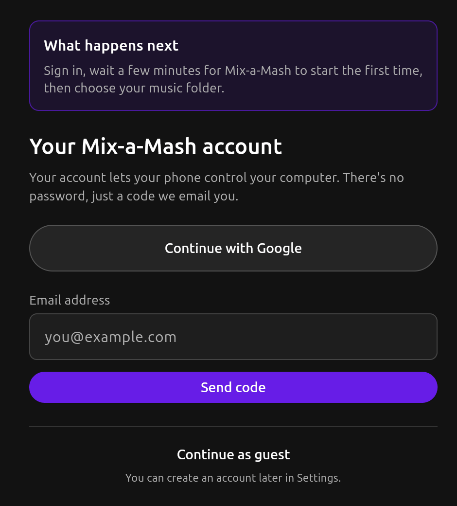 The sign-in screen: a Continue with Google button, an empty email address box and a purple Send code button.