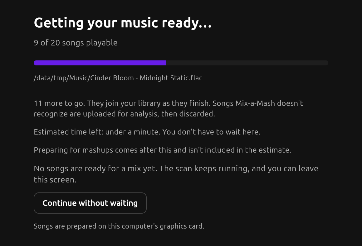 The Getting your music ready screen: a progress bar, a count such as 9 of 20 songs playable and an estimate of the time left.